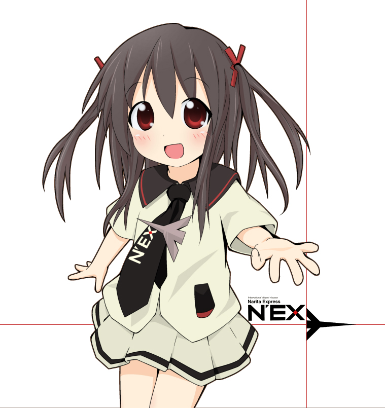 :d, black_hair, japan_railways, n'ex, n'ex, necktie, open_mouth, outstretched_hand