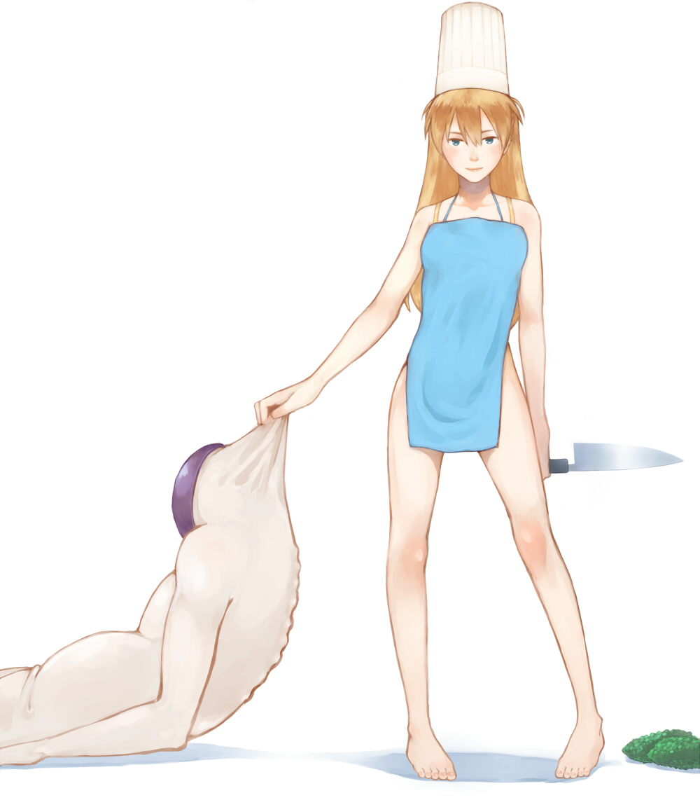 apron, aqua_eyes, barefoot, bigoru, blue_eyes, brown_hair, chef_hat, hat