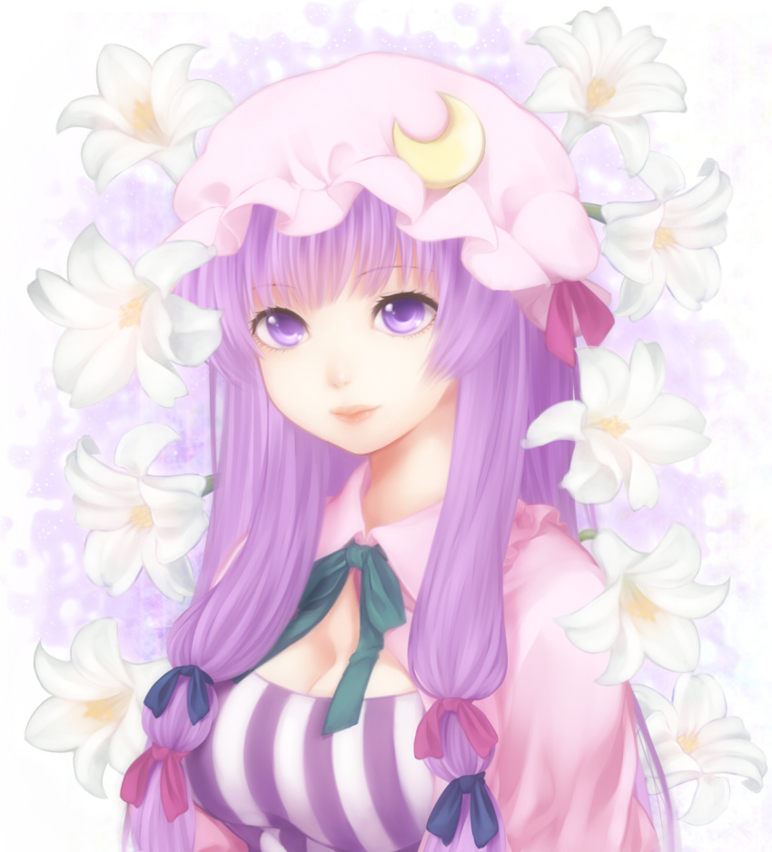 bad_id, breasts, cleavage, crescent, etou_(cherry7), eyelashes, flower, hair_ribbon, hat, highres, large_breasts, light_smile, lily_(flower), lips, long_hair, patchouli_knowledge, purple_eyes, purple_hair, ribbon, silo, solo, touhou, violet_eyes