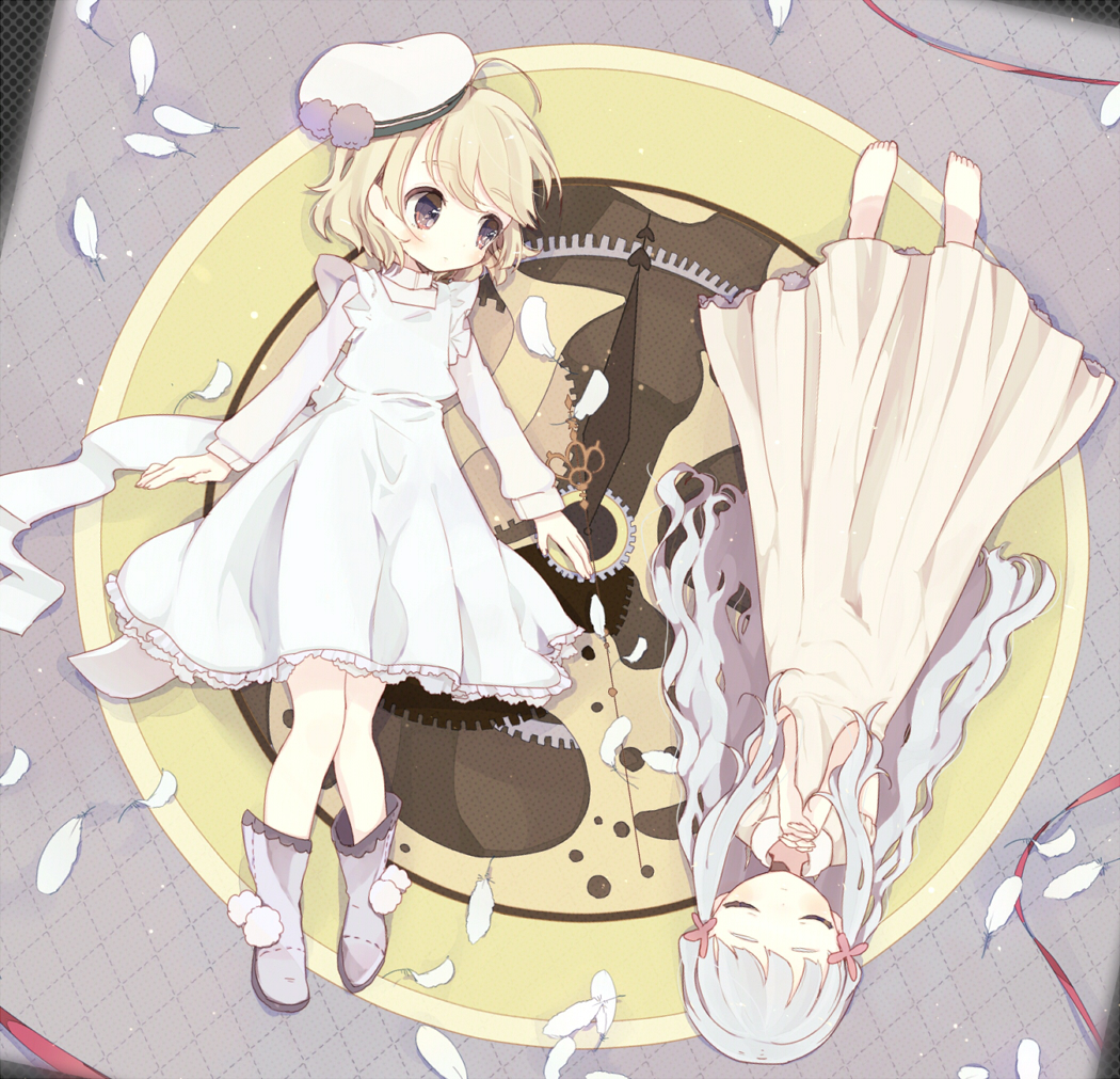 1girl, blonde_hair, brown_eyes, closed_eyes, dress, eyes_closed, feathers, hands_together