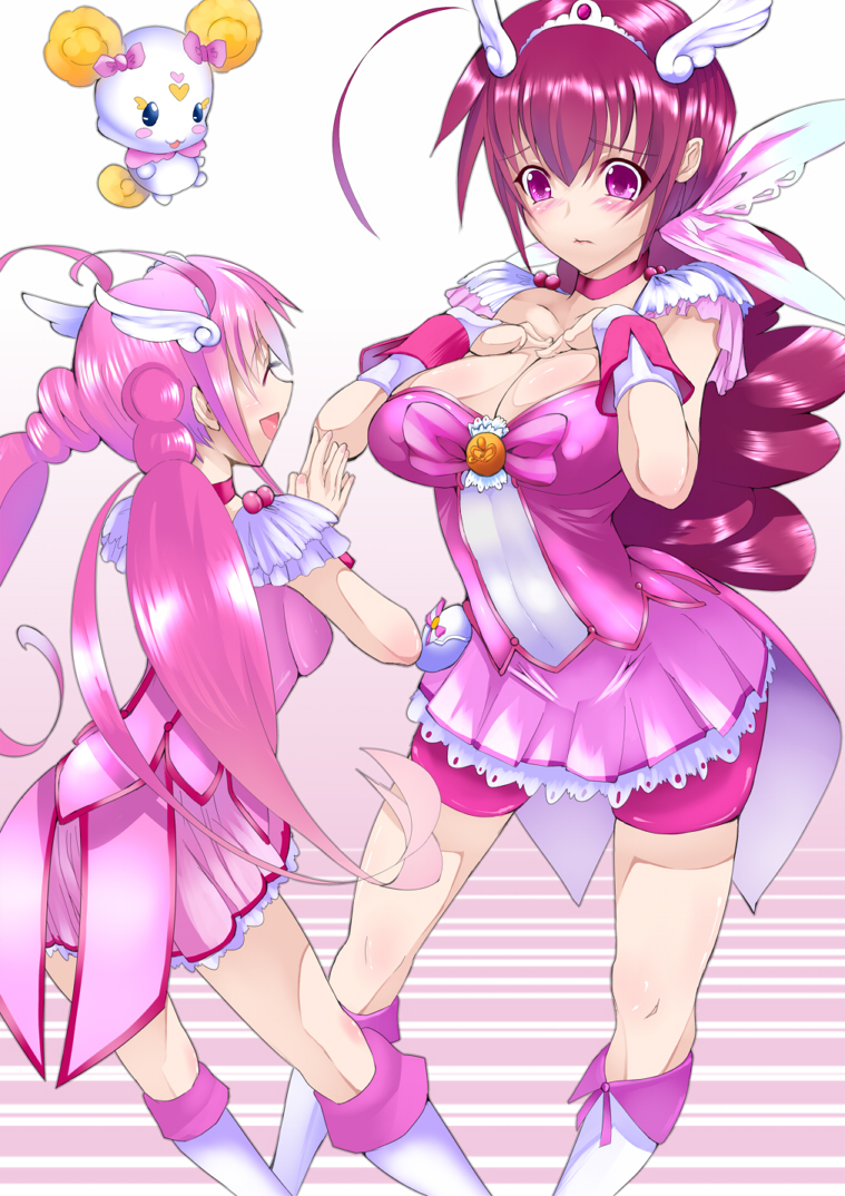 2girls, bike_shorts, blush, boots, breast_suppress, breasts, candy_(smile_precure!), candy_smile_precure!, choker, cleavage, cosplay, cure_happy, cure_happy_(cosplay), dress, hoshizora_ikuyo, hoshizora_miyuki, koucha_maru, large_breasts, long_hair, magical_girl, mother_and_daughter, multiple_girls, open_mouth, pink_eyes, pink_hair, precure, shorts_under_skirt, smile, smile_precure!, tiara, twintails