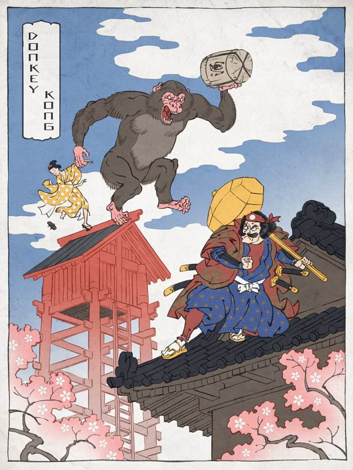 barefoot, barrel, character_name, cherry_blossoms, cloud, donkey_kong, donkey_kong_(series), fine_art_parody