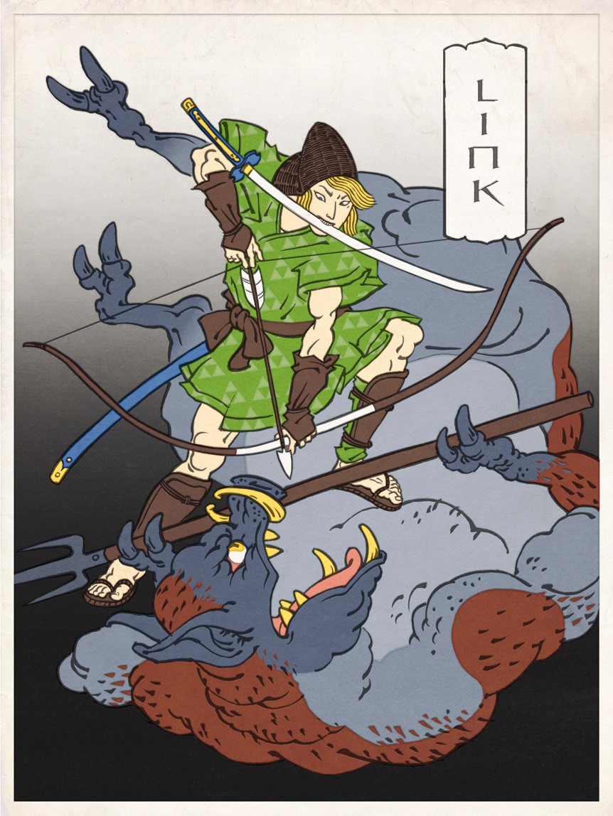 arrow, battle, blonde_hair, bow, bow_(weapon), character_name, fine_art_parody, ganon