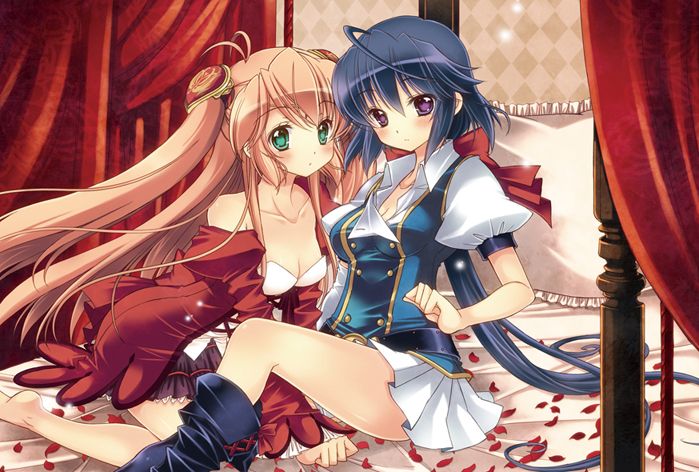argyle, arianrhod_rpg, arianrhod_saga, arianroddo, barefoot, bed, blue_hair, blush, breasts, brown_hair, character_request, cleavage, dress, green_eyes, long_hair, multiple_girls, narssia, peony_(arianrhod), petals, pillow, purple_eyes, sasaki_akane, skirt, twintails, violet_eyes