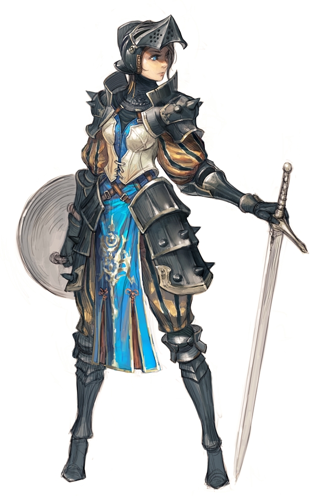 1girl, armor, blonde_hair, blue_eyes, breastplate, faulds, female, full_armor