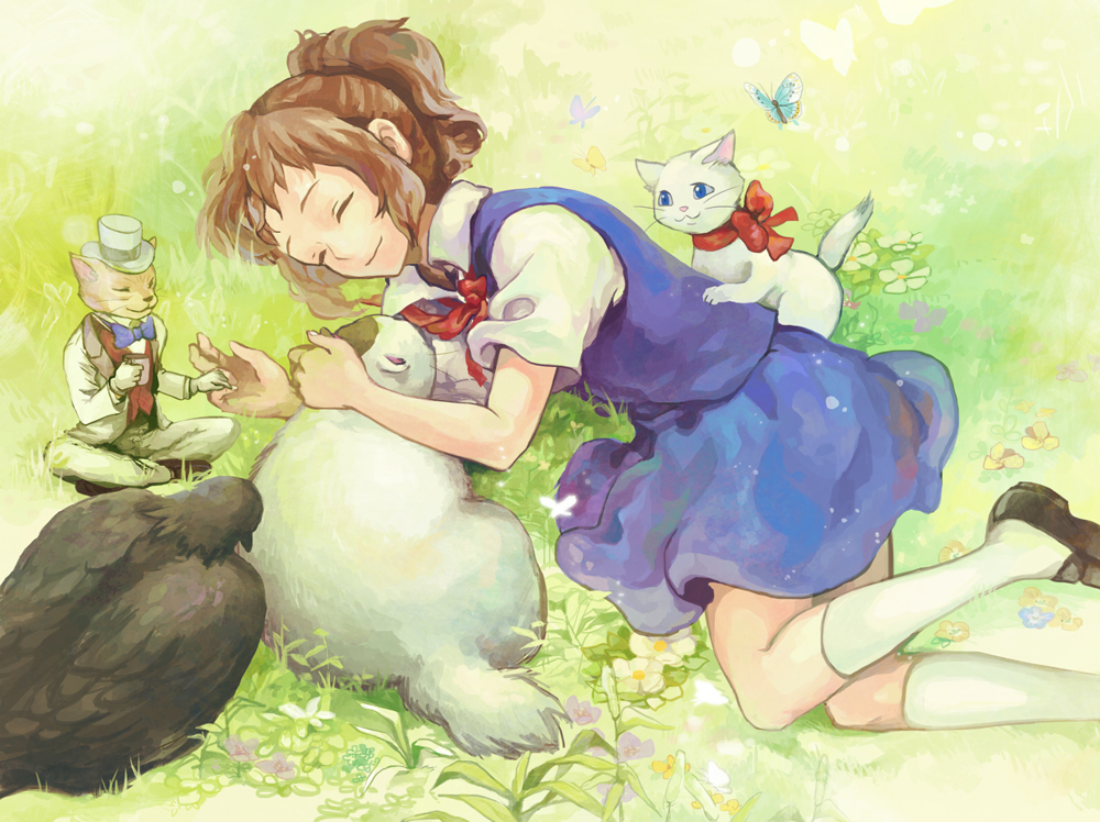 bird, bowtie, brown_hair, butterfly, cat, closed_eyes, crow, eyes_closed