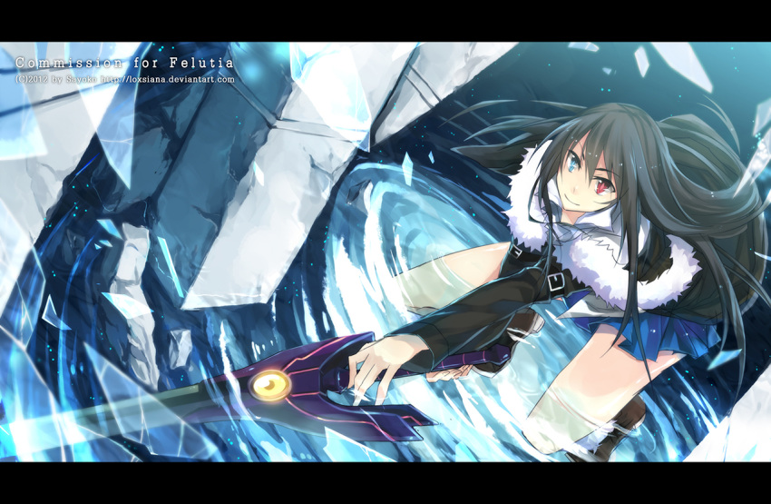 bellezza_felutia, black_hair, blue_eyes, boots, heterochromia, jacket, jewelry, letterboxed, long_hair, loxsiana, male, original, pendant, pleated_skirt, red_eyes, shirt, skirt, solo, sword, trap, weapon