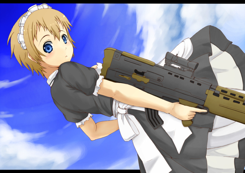 assault_rifle, blue_eyes, brown_hair, cloud, clouds, gun, l85, l85a1_(upotte!!)