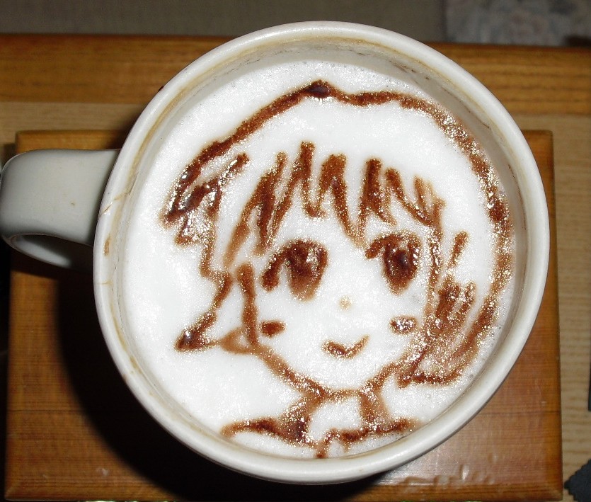 :>, blush_stickers, cappuccino_(drink), capuccino, cup, food, food_art, hagiwara_yukiho