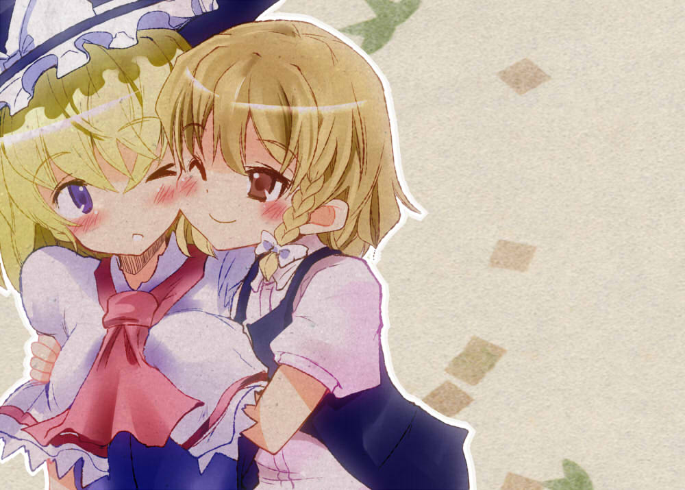 ;), ;o, alice_margatroid, blonde_hair, blue_eyes, blush, bow, braid, breast_grab, breasts, brown_eyes, bust, capelet, hairband, hat, hat_bow, hug, kirisame_marisa, multiple_girls, ribbon, short_hair, single_braid, smile, takara_akihito, touhou, wink, yuri