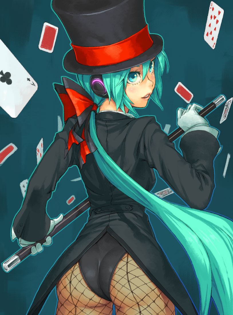 and, aqua_background, aqua_eyes, aqua_hair, ass, back_seamed_legwear, cane, card