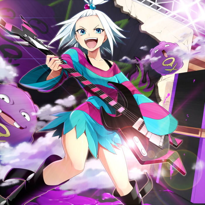 blue_eyes, boots, bottomless, electric_guitar, freckles, guitar, hirococo, homika_(pokemon)