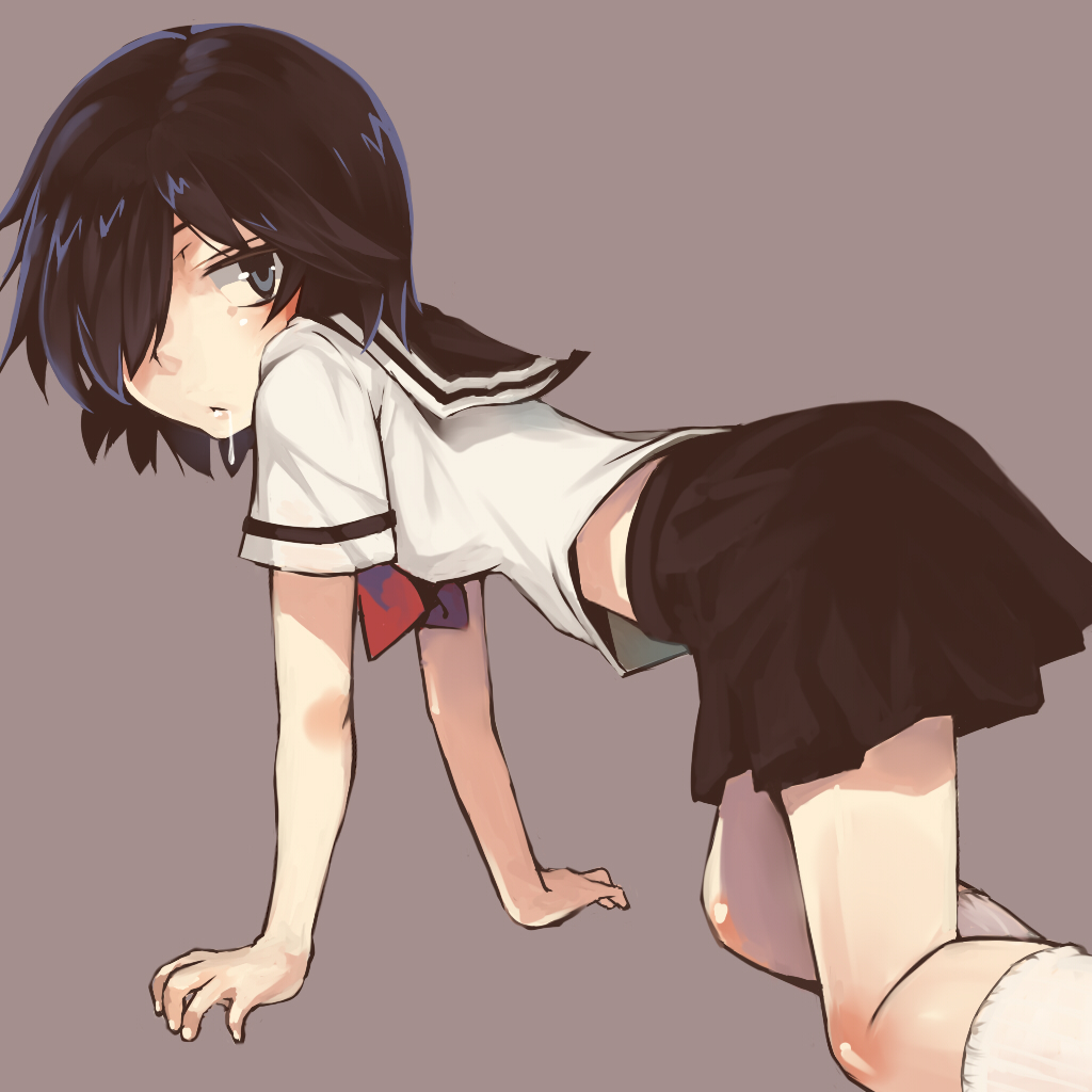 all_fours, bad_id, black_eyes, black_hair, hair_over_one_eye, looking_at_viewer, looking_back, nazo_no_kanojo_x