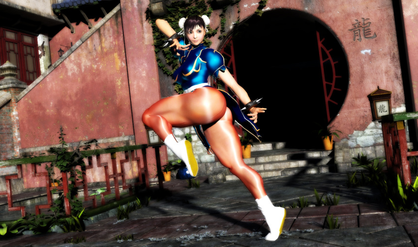 3d, ass, black_hair, bracelet, breasts, bun_cover, china_dress, chinese_clothes, chun-li, double_bun, earrings, highres, huge_ass, jewelry, kou2, legs, pantyhose, spiked_bracelet, spikes, street_fighter, thick_thighs, thighs