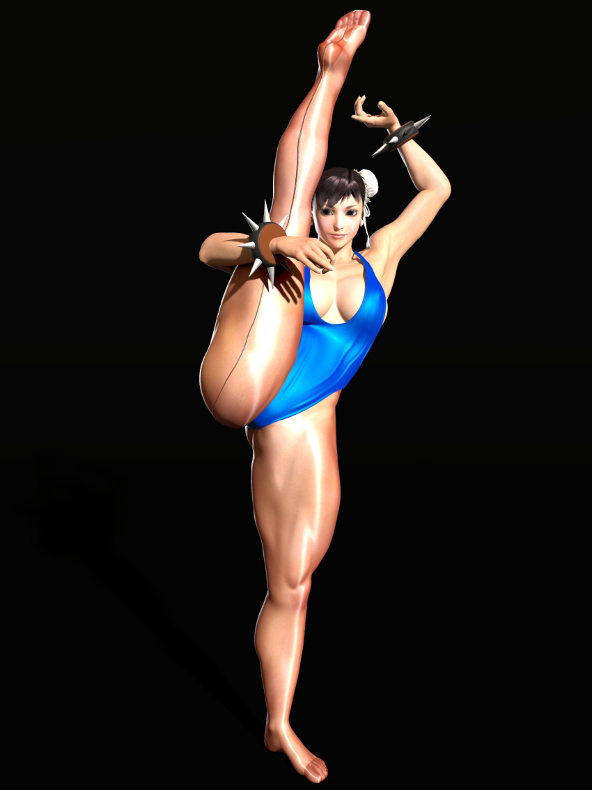 3d, armpits, bare_shoulders, black_hair, bracelet, breasts, bun_cover, chun-li