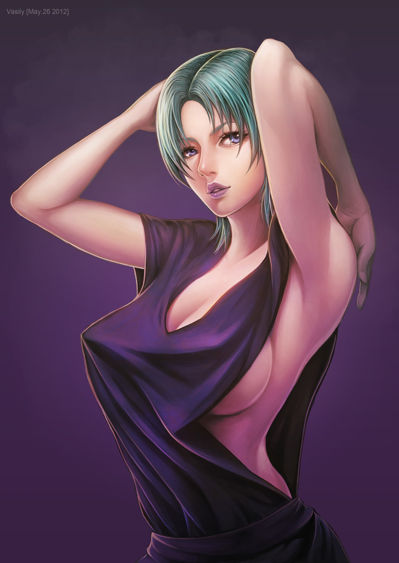 aqua_hair, armpits, arms_up, blue_eyes, breasts, cleavage, four_murasame, gundam