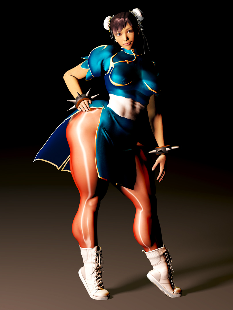 3d, ass, black_hair, boots, bracelet, bracelets, breasts, brown_eyes, brown_hair, bun_cover, capcom, china_dress, chinadress, chinese_clothes, chun-li, curvy, double_bun, double_buns, earrings, hair_buns, hand_on_hip, highres, hips, huge_ass, jewelry, kou2, legs, lips, muscle, pantyhose, realistic, shiny, solo, spiked_bracelet, spiked_bracelets, spikes, standing, stockings, street_fighter, thick_thighs, thighhighs, thighs, tiptoes, wide_hips