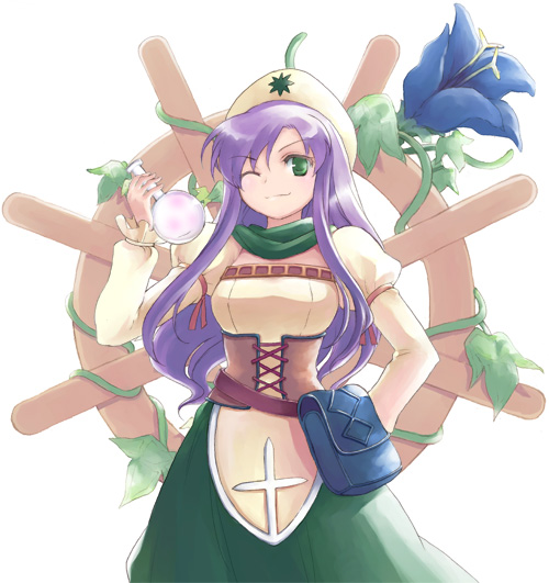 chemist, doseki_udon, dress, faris_scherwiz, final_fantasy, final_fantasy_v, flower, green_eyes, hat, long_hair, purple_hair, smile, solo, wink