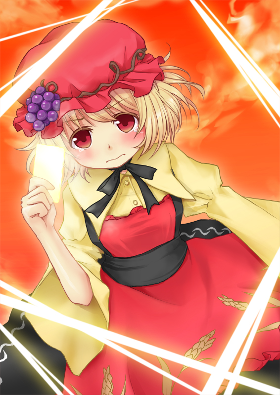 aki_minoriko, blonde_hair, blush, dress, food, fruit, grapes, hat