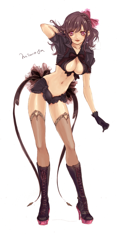 black_hair, boots, breasts, cleavage, crop_top, dear, gloves, hair_ribbon, high_heels, michudx, midriff, mimosa_haanesuto, navel, red_eyes, ribbon, shiny, shiny_skin, shoes, solo, thigh-highs, thighhighs