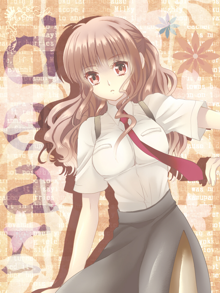 brown_hair, dear, kanaso529, long_hair, necktie, purino_harwell, red_eyes, side_slit