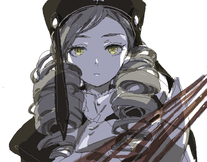 dlanor_a_knox, drill_hair, eiserne_jungfrau, gurunyanya, hat, long_hair, oekaki, simple_background