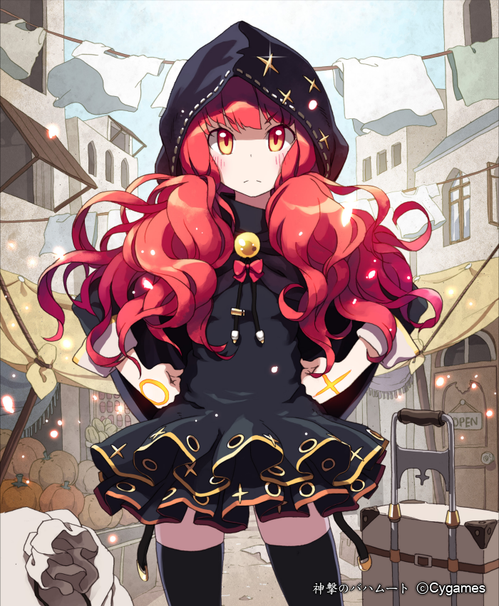 ahoge, bag, black_dress, black_legwear, cape, capelet, character_request, clothes_line, clothesline, copyright_notice, cross, cygames, dress, embers, frown, hands_on_hips, hoodie, lena_(zoal), long_hair, low_twintails, pumpkin, red_hair, redhead, ribbon, shingeki_no_bahamut, sorcaria, sparkle, suitcase, thigh-highs, thighhighs, title_drop, town, watermark, wavy_hair, zettai_ryouiki