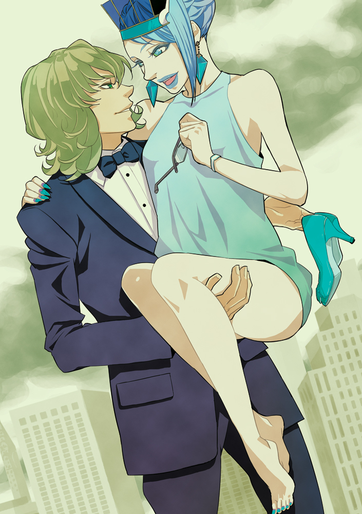 1girl, barefoot, barnaby_brooks_jr, blonde_hair, blue_eyes, blue_hair, blue_rose_(tiger_&amp;_bunny), carrying