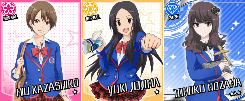 bad_id, bag, black_hair, blazer, brown_eyes, brown_hair, cinderella_girls_card_parody, diamond, flower, foodroid, hair_ornament, idolmaster, idolmaster_cinderella_girls, joujima_yuuki, kamen_rider, kamen_rider_fourze_(series), kazashiro_miu, long_hair, multiple_girls, nozama_tomoko, onitsuchi, parody, plaid, plaid_skirt, school_uniform, short_hair, shoulder_bag, skirt, sparkle, star, style_parody, sun_(symbol), tablet_pc, waraningyou