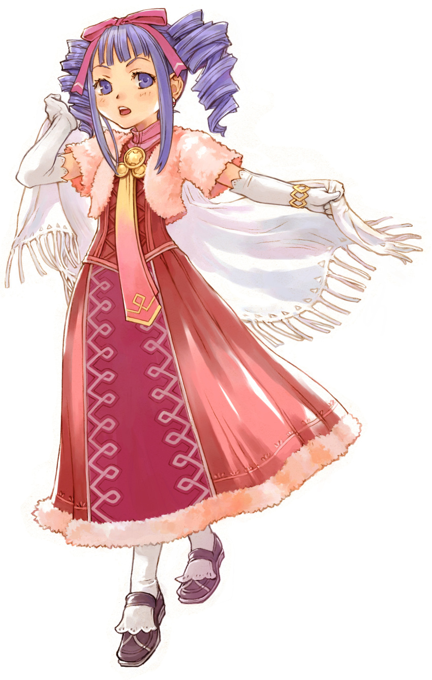 absurdres, bianca_elarco_viviage, blue_eyes, blue_hair, dress, drill_hair, elbow_gloves, gloves, hair_ribbon, harvest_moon, highres, holding, iwasaki_minako, ribbon, rune_factory, rune_factory_1, simple_background, solo, twin_drills, white_background, white_gloves