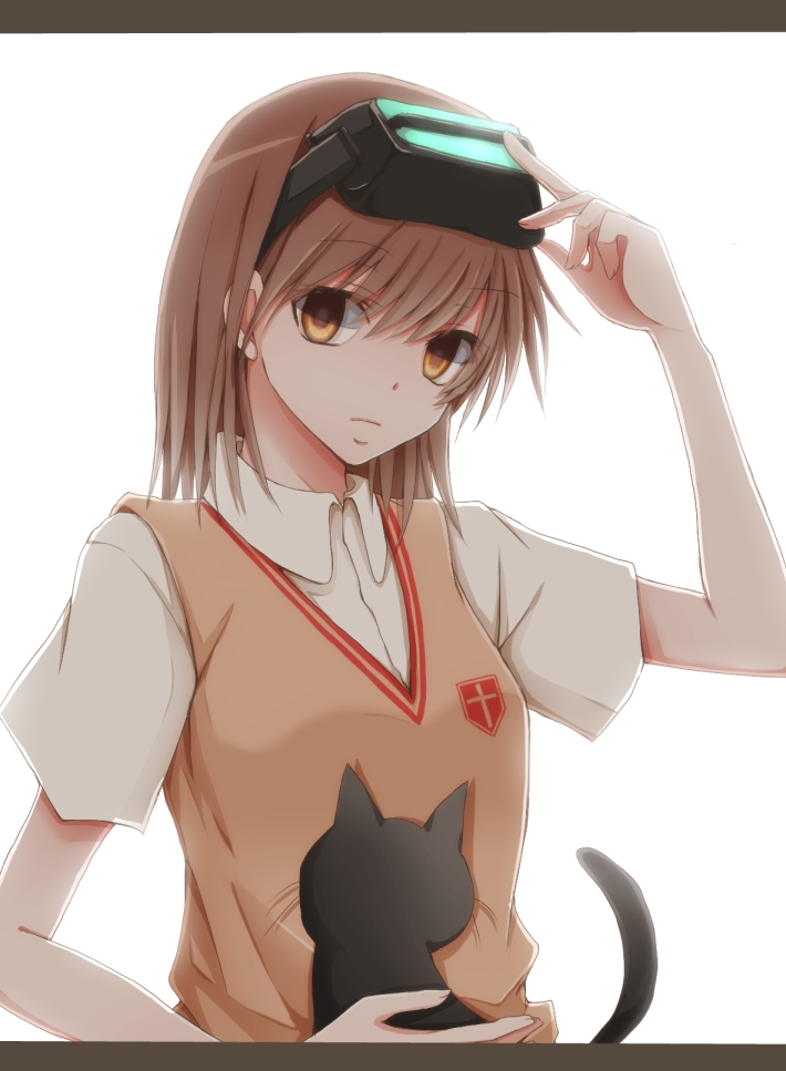 adjusting_visor, arm_up, bad_id, bangs, black_cat, brown_eyes, brown_hair, bust, cat, empty_eyes, expressionless, flat_chest, hair_between_eyes, head_mounted_display, hiro_(hirohiro31), holding, letterboxed, looking_at_viewer, misaka_imouto, orange_eyes, school_uniform, shirt, simple_background, sweater_vest, to_aru_kagaku_no_railgun, to_aru_majutsu_no_index, white_background