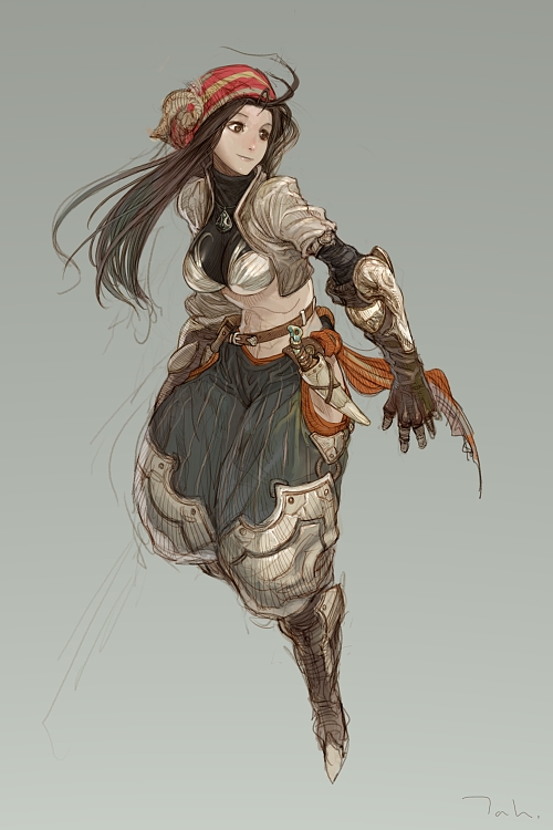 bandana, bandanna, brown_hair, dagger, gloves, grey_background, kyoung_hwan_kim, long_hair