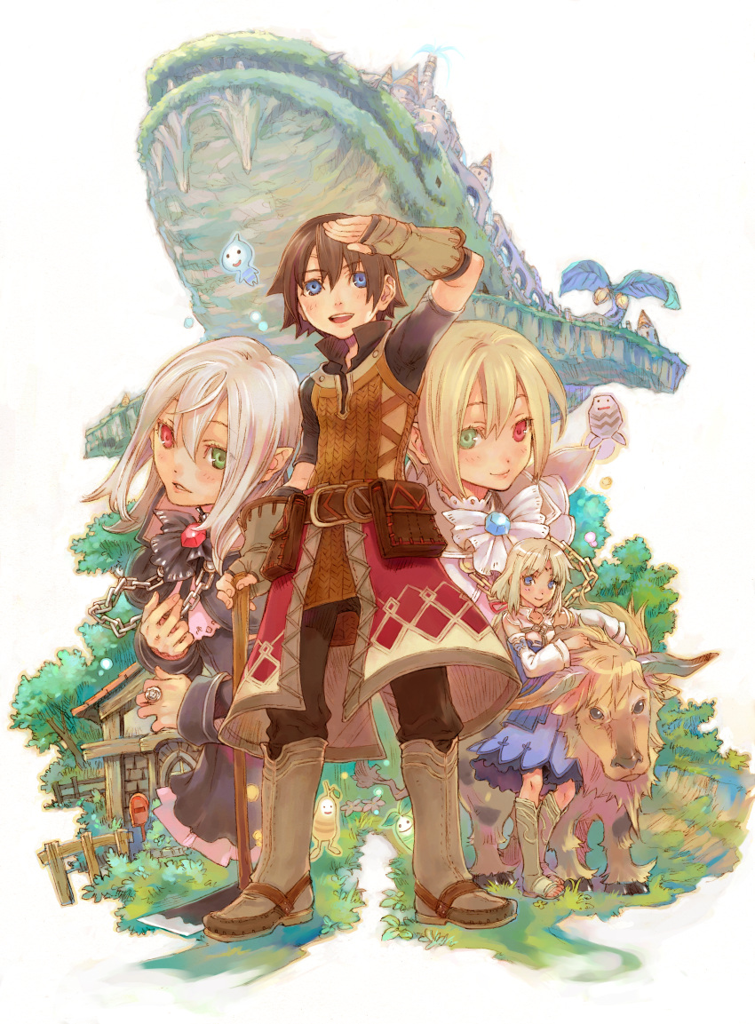 3girls, :d, absurdres, blonde_hair, blue_eyes, boots, brown_hair, detached_sleeves