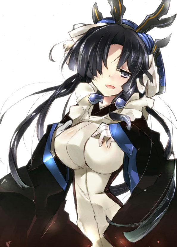 breasts, cowboy_shot, hair_over_one_eye, kazuno_(horizon), kyoukai_senjou_no_horizon, large_breasts, long_hair, pilot_suit, purple_eyes, simple_background, tsuka_(raikousama), violet_eyes, white_background
