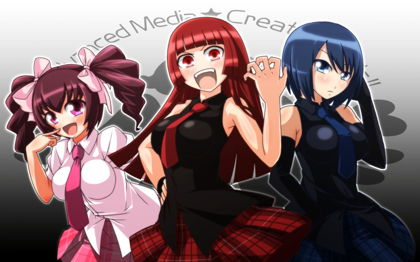 asahina_rin, bangs, blue_eyes, blue_hair, blunt_bangs, blush, bow, breasts, dress, drill_hair, elbow_gloves, gloves, highres, idolmaster, idolmaster_relations, mimizu_(tokagex), miniskirt, necktie, open_mouth, plaid, plaid_skirt, puffy_sleeves, purple_eyes, purple_hair, red_eyes, red_hair, redhead, sanjou_tomomi, shirt, skirt, sleeveless, sleeveless_dress, sleeveless_shirt, smile, tougouji_reika, twintails, violet_eyes