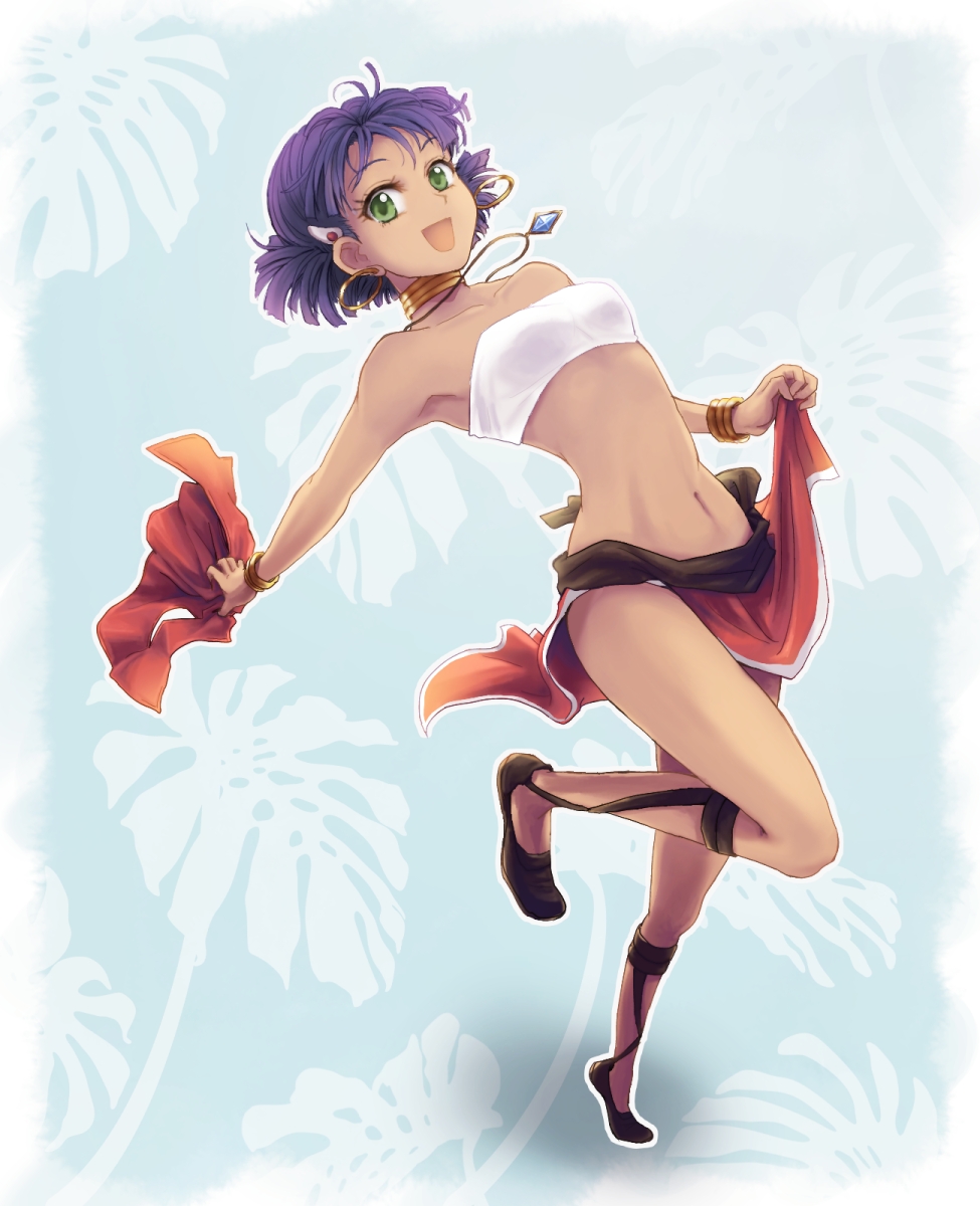 bare_shoulders, black_eyes, blue_hair, bob_cut, choker, cross-laced_sandals, dark_skin, earrings