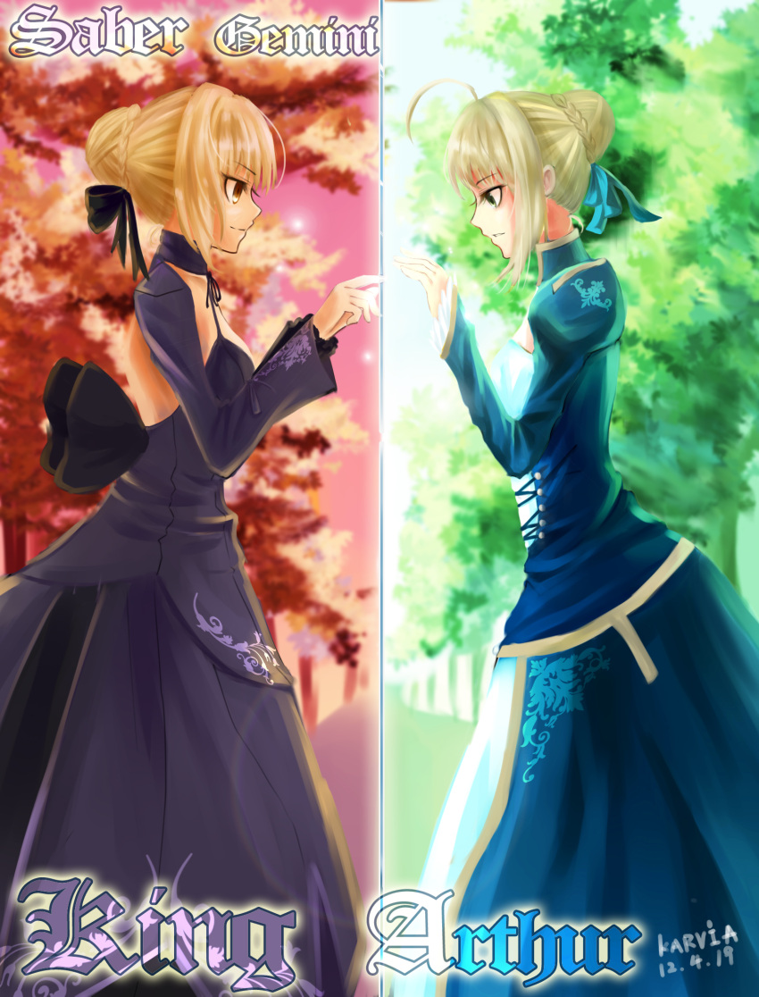 ahoge, blonde_hair, dress, dual_persona, fate/stay_night, fate_(series), green_eyes, hair_ribbon