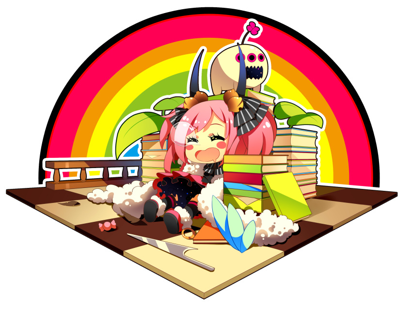 book, bow, chibi, dress, ego, horns, pink_hair, pixiv_fantasia, sleeping
