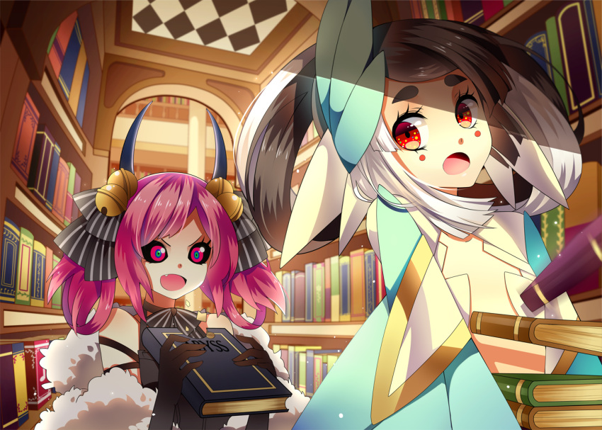 book, bow, ego, gloves, grey_hair, horns, pink_hair, pixiv_fantasia