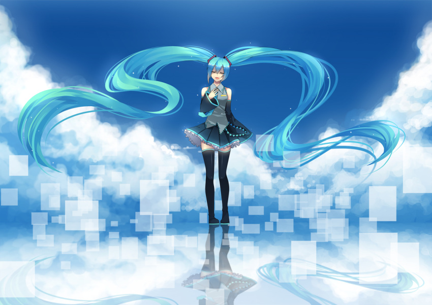cloud, clouds, ego, hatsune_miku, long_hair, necktie, reflection, skirt