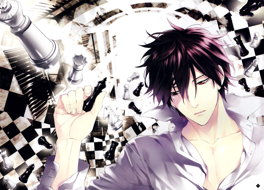 brown_hair, chess, hair_between_eyes, heterochromia, holding, male, oda_suzuka, open_shirt, saitou_yakumo, scan, shinrei_tantei_yakumo, solo