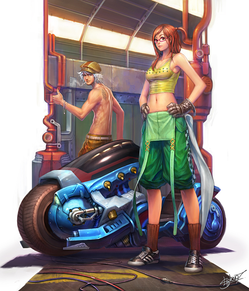 1girl, brown_hair, cable, cigarette, garage, glasses, gloves, gotgituey