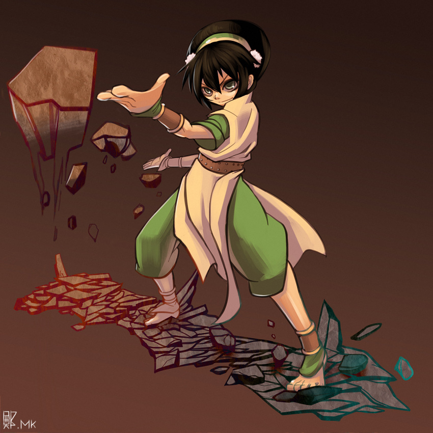ankle_cuffs, avatar:_the_last_airbender, barefoot, black_hair, chinese_clothes, element_bending, grey_eyes, hair_bun