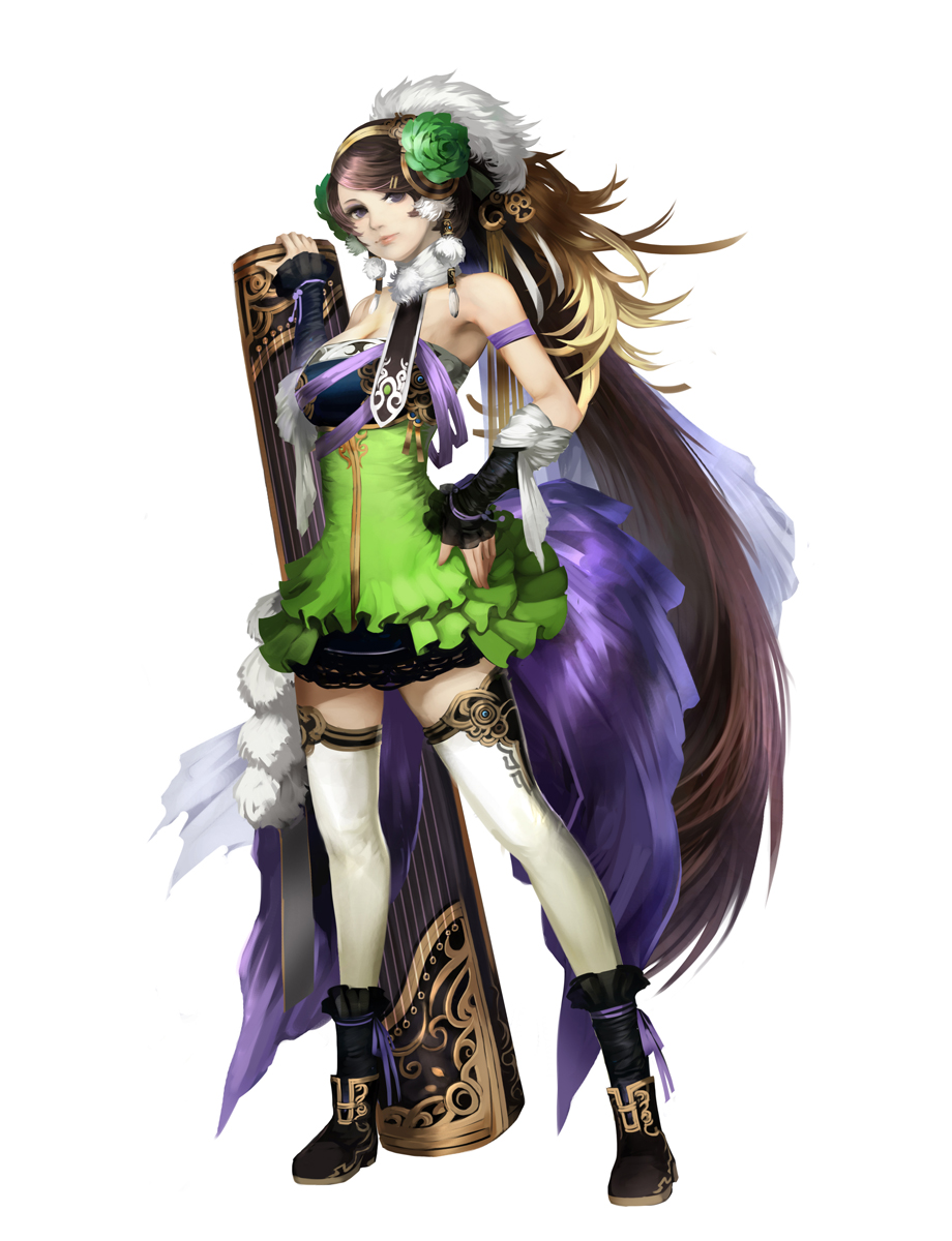 boots, brown_eyes, brown_hair, copyright_request, flower, hair_flower, hair_ornament, hand_on_hip