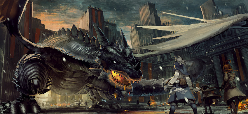 building, cape, dragon, dress, horn, multiple_girls, pixiv_fantasia, pixiv_fantasia_sword_regalia