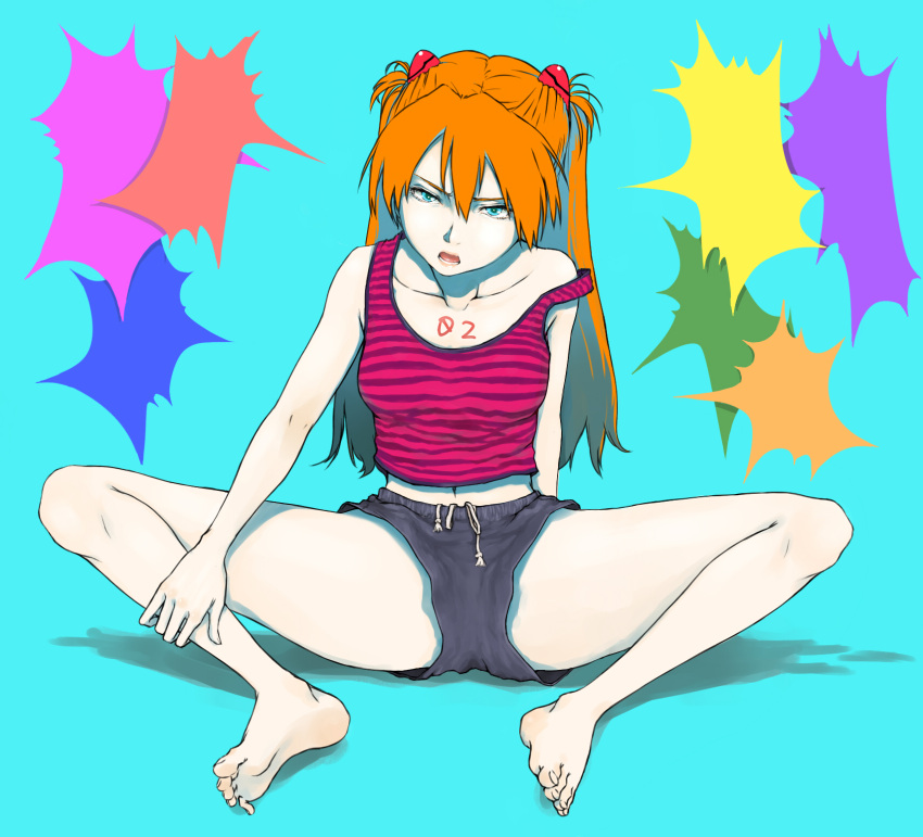 barefoot, bigoru, blue_eyes, feet, hair_ornament, highres, midriff, navel, neon_genesis_evangelion, off_shoulder, open_mouth, orange_hair, shorts, sitting, soryu_asuka_langley, souryuu_asuka_langley, spread_legs, strap_slip, striped, striped_tank_top, tank_top, toes, twintails
