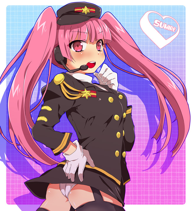 1girl, blush, brother_and_sister, character_name, futaba_841, gloves, hat, headset