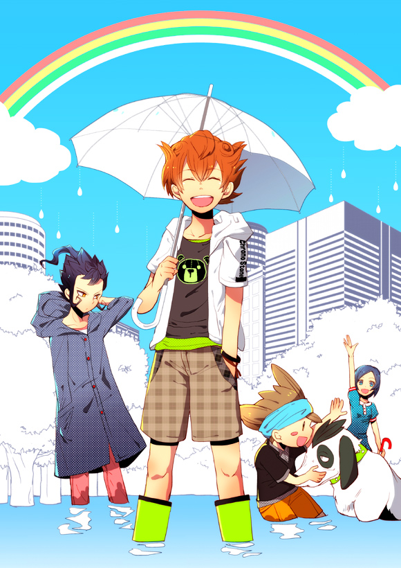 3boys, casual, cloud, clouds, dog, inazuma_eleven, inazuma_eleven_(series), inazuma_eleven_go