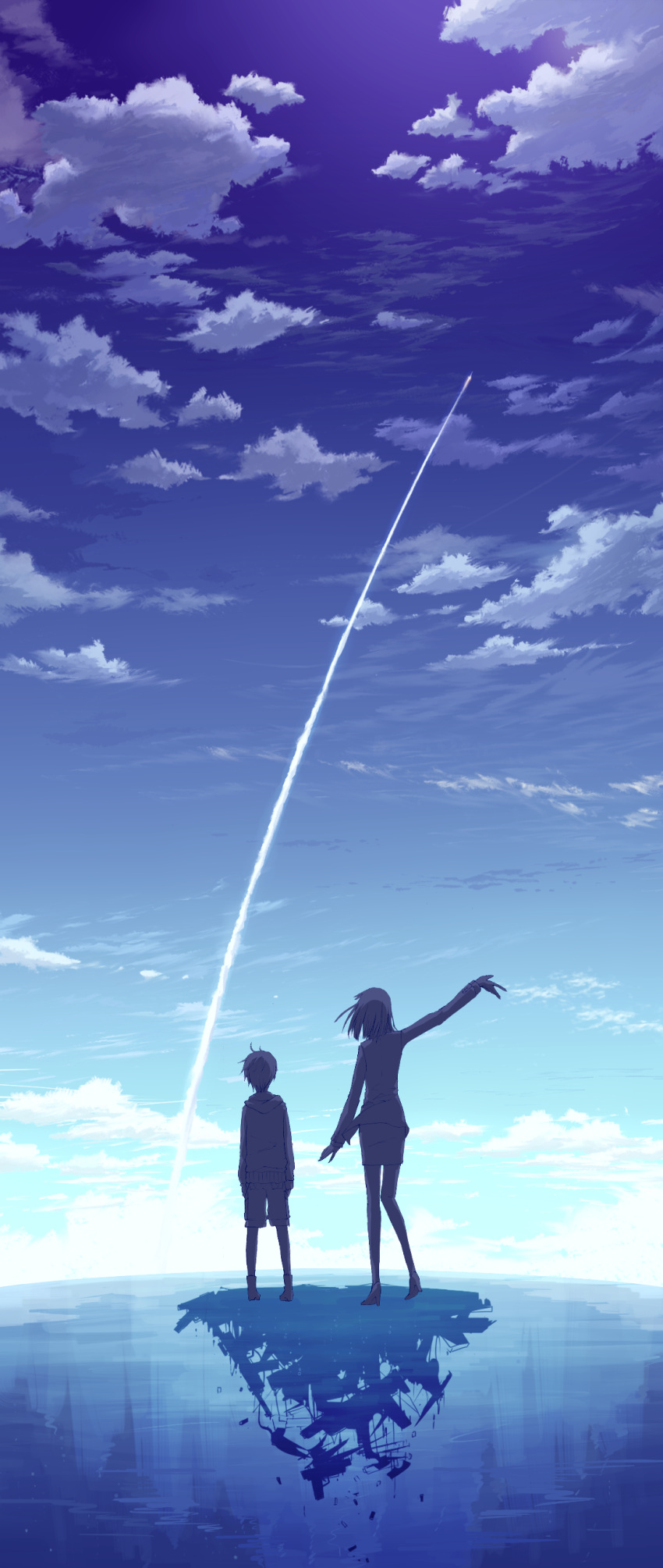 1girl, absurdres, cloud, clouds, condensation_trail, from_behind, fu-u-ta-chi5ma, gun