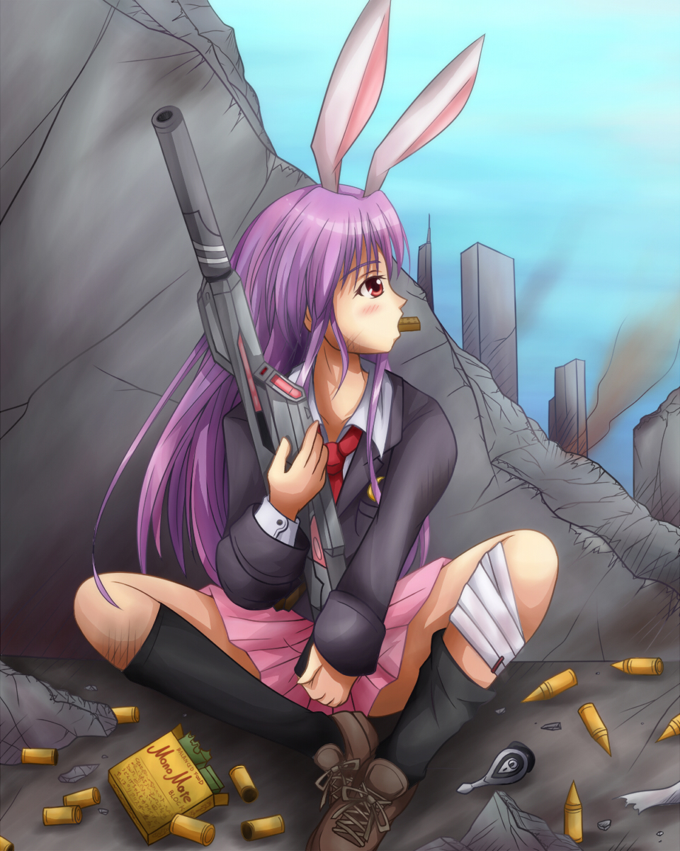 bandages, blazer, bullet, bunny_ears, food, gastdream_(artist), gun, headset